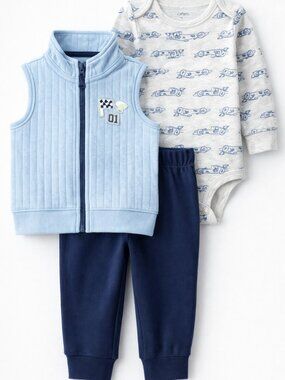 NWT Carter’s Baby Boy Race Car 3-Piece Outfit Set Blue Quilted Vest 18 Months